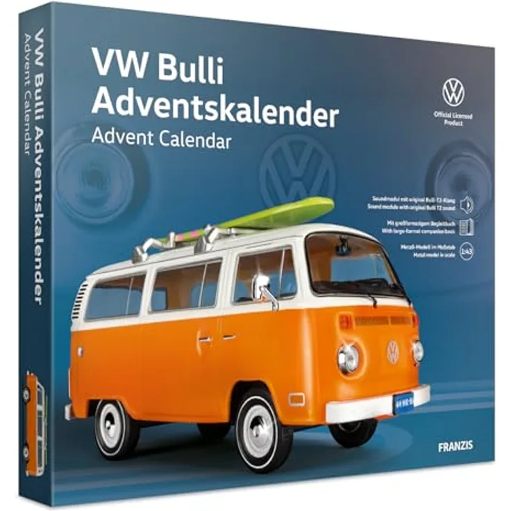 FRANZIS VW Bulli Advent Calendar inkl. Metall-Modellauto im Maßstab 1:43, Soundmodul mit original VW Bulli T2 Klang und großformatigem Begleitbuch