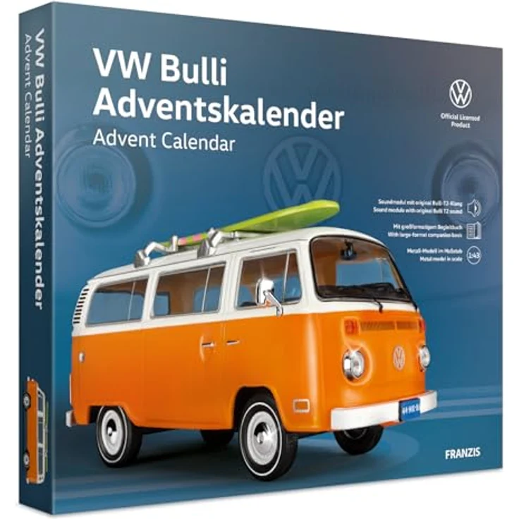 FRANZIS VW Bulli Advent Calendar inkl. Metall-Modellauto im Maßstab 1:43, Soundmodul mit original VW Bulli T2 Klang und großformatigem Begleitbuch – Bild 1