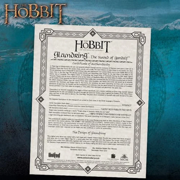 United Cutlery Der Hobbit Glamdring, authentische Replik des Elbenschwertes, 120,96 cm, rostfreier Stahl, inklusive Holz-Wand-Display und Echtheitszertifikat – Bild 8