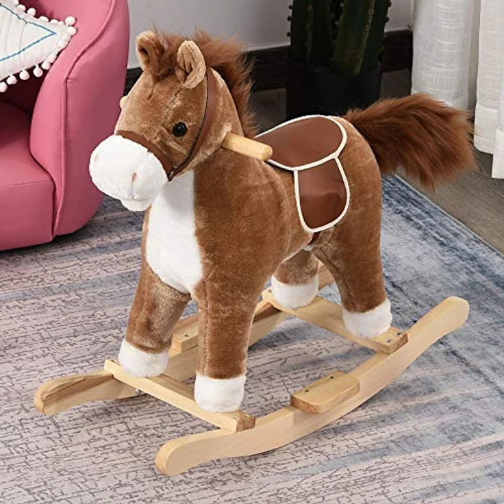 HOMCOM Kinder Schaukelpferd Baby Schaukeltier Pferd mit Tiergeräusche Spielzeug Haltegriffe für 36-72 Monate Plüsch Braun 65 x 32,5 x 61 cm – Bild 2