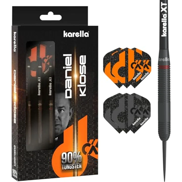Karella Steeldart Daniel Klose, 90% Tungsten, 20 g, 2 Flight Sets, 3 Pfeile mit Metallspitze, orange Flight – Bild 1