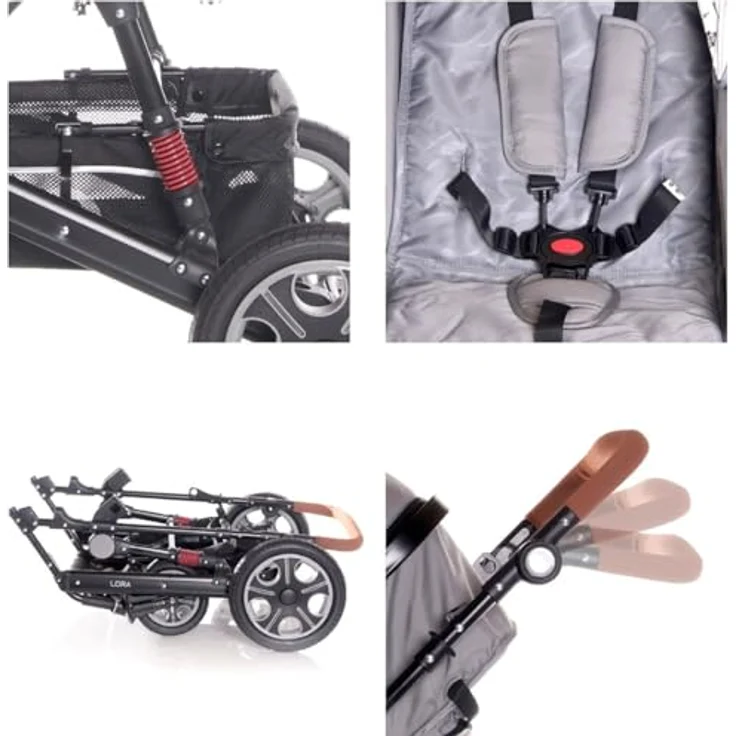 Lorelli Kinderwagen Lora 3 in 1, faltbar mit Gummirädern, Tragetasche, Sportsitz, Fußabdeckung, grau – Bild 5