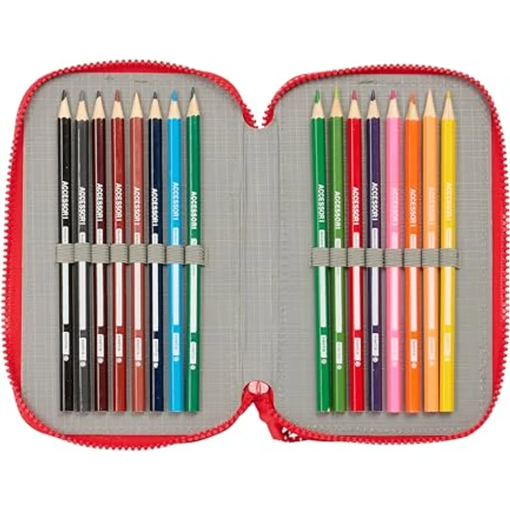 Safta Federmäppchen Atletico de Madrid, dreifach Federmäppchen mit 36 Teilen, inkl. Radiergummi, Bleistift, 16 Holzfarbstiften und 14 farbigen Markern, 12,5x5,5x19,5cm – Bild 5