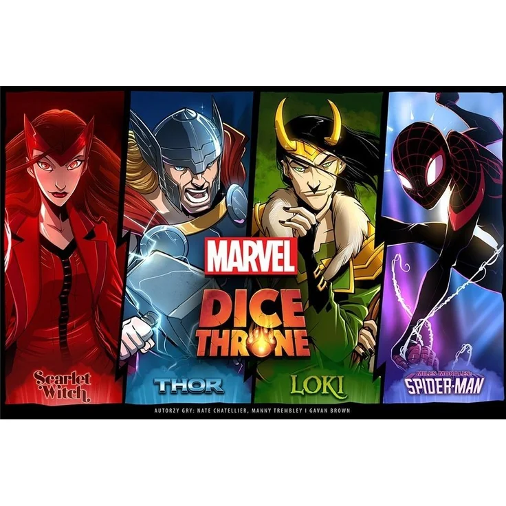Rebel Dice Throne Marvel 94639, 4in1 Brettspiel mit Scarlet Witch, Thor, Loki und Spider-Man, strategisches Würfelspiel