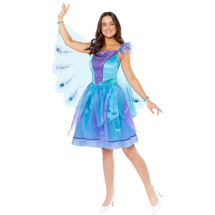 Amscan Zauberhaftes Pfauen Kostüm für Damen, mehrlagiges Tüllkleid mit Pfauenfedern und Flügeln, Größe L – Bild 3