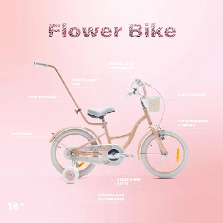 Sun Baby Mädchenfahrrad Flower Bike 16 Zoll, abnehmbare Schubstange, Kinderfahrrad für Mädchen 2-6 Jahre (Aprikose) – Bild 5