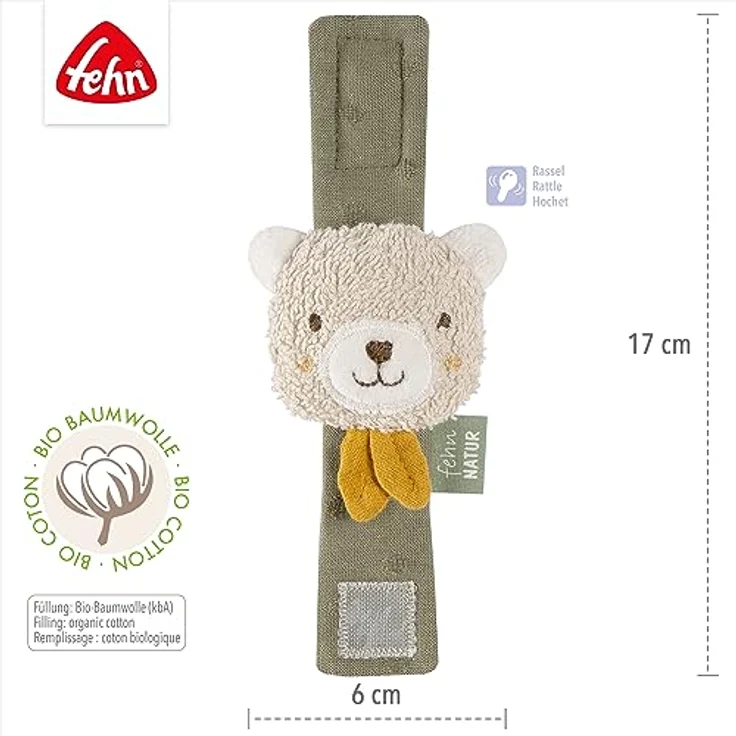 Fehn Rasselarmband Bär fehnNATUR – Activity-Armband mit Rassel und Bio-Baumwolle (kbA) zum Greifen, Bewegen & Geräusche erzeugen – Lernspielzeug für Babys und Kleinkinder ab 0+ Monaten – Bild 5