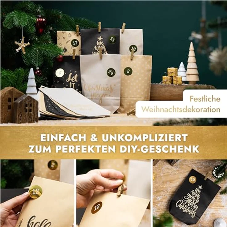 Amari Adventskalender zum Befüllen - 24 Papier Adventstüten (mit Holzklammern) zum Basteln für Weihnachten - Papier Weihnachtstüten mit Zahlenaufkleber – Bild 5