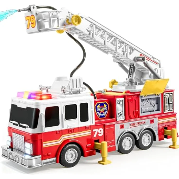 JOYIN Groß Feuerwehrauto Spielzeug, 83 cm Leiter, elektrischen Knöpfen, Lichtern, Sirene, drehbarer Schlauchtrommel und abnehmbarer Wasserpumpe, ab 2 Jahre – Bild 1