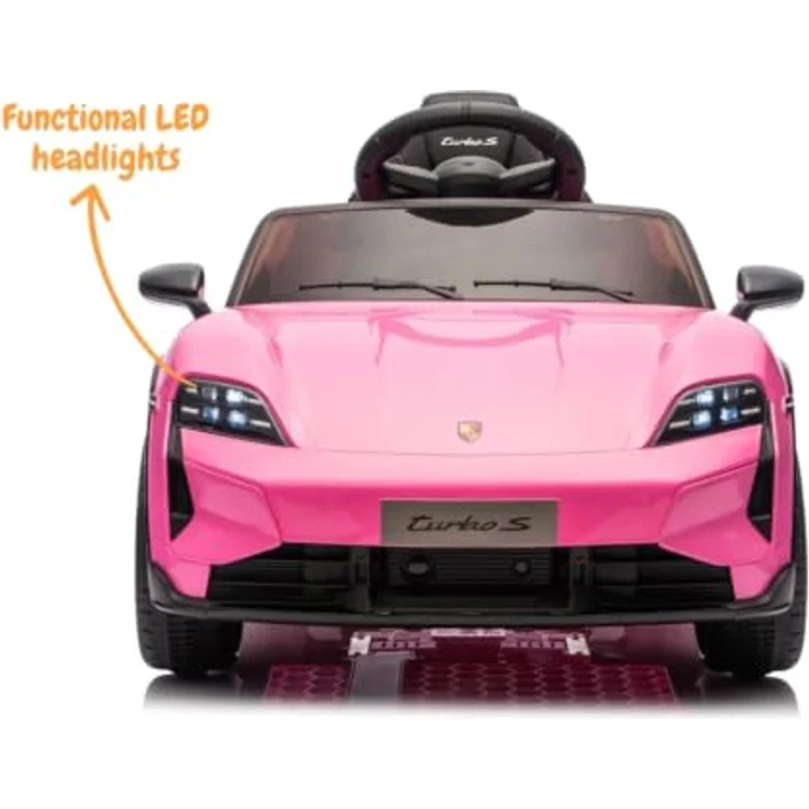Vrooomy Porsche Taycan Turbo S Kinder Elektroauto, 12V mit Fernbedienung, für 1-5 Jahre, Rosa, MP3-Player, LED-Scheinwerfer, sanfter Start, 2 Motoren – Bild 3