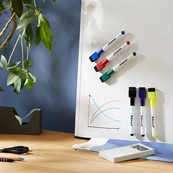 NOBO Mini Whiteboard Marker, magnethaftend und trocken abwischbar, 6 Stück sortiert in gelb, rot, blau, grün, lila und schwarz – Bild 8