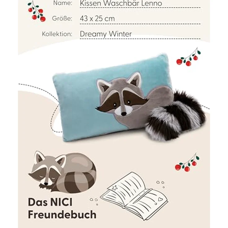 Nici Kuscheltier Nici Kissen Waschbär Lenno 43 x 25 cm, kuschelweicher Plüsch, hellblau/grau – Bild 5