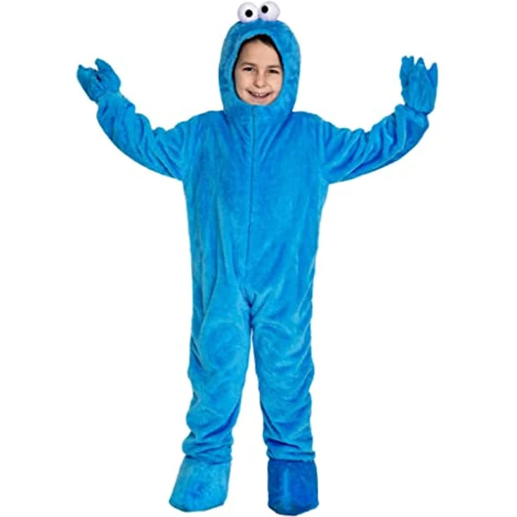 Maskworld Die Sesamstraße Krümelmonster Kinderkostüm - blau - Kindergröße: 122-128 - Verkleidung Karneval, Halloween, Motto-Party - mit Overall, Kapuze und Handschuhen – Bild 1