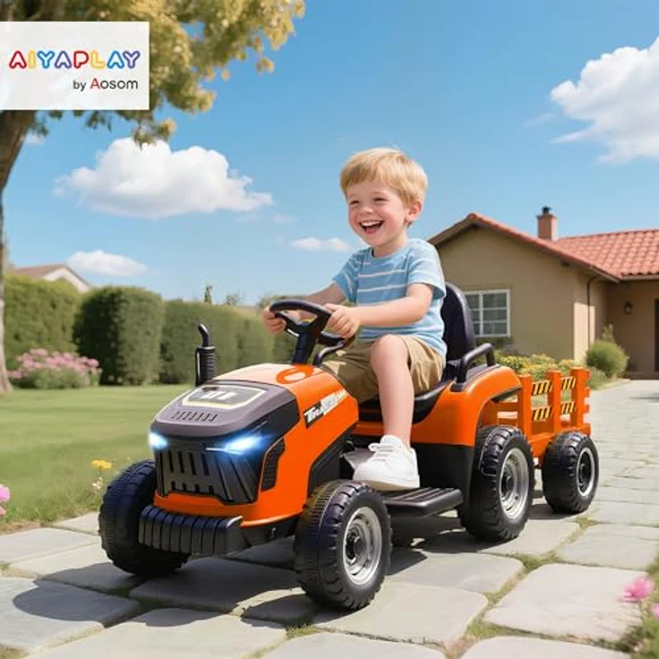 AIYAPLAY Elektrischer Kinder Traktor mit Anhänger, Aufsitztraktor mit Fernbedienung, 2 Motoren, 3-Gang, Musik und Hupe, Sanft Start, 3-5 km/h, Orange, für 3-8 Jahre – Bild 2