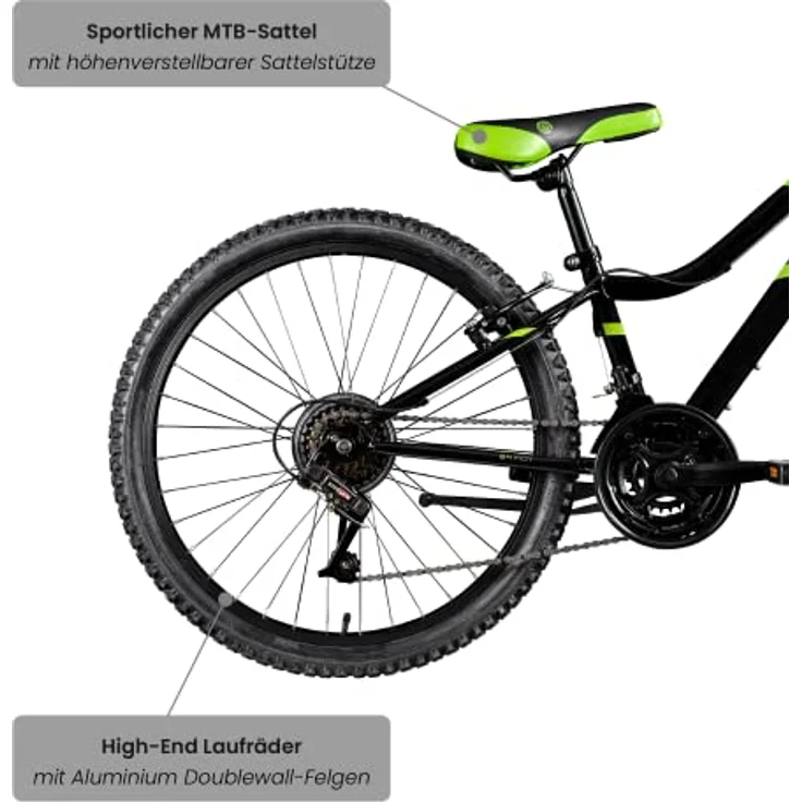Galano GA20 Mountainbike 24 Zoll Jugendfahrrad ab 8 Jahre, 21 Gänge, schwarz/grün – Bild 4