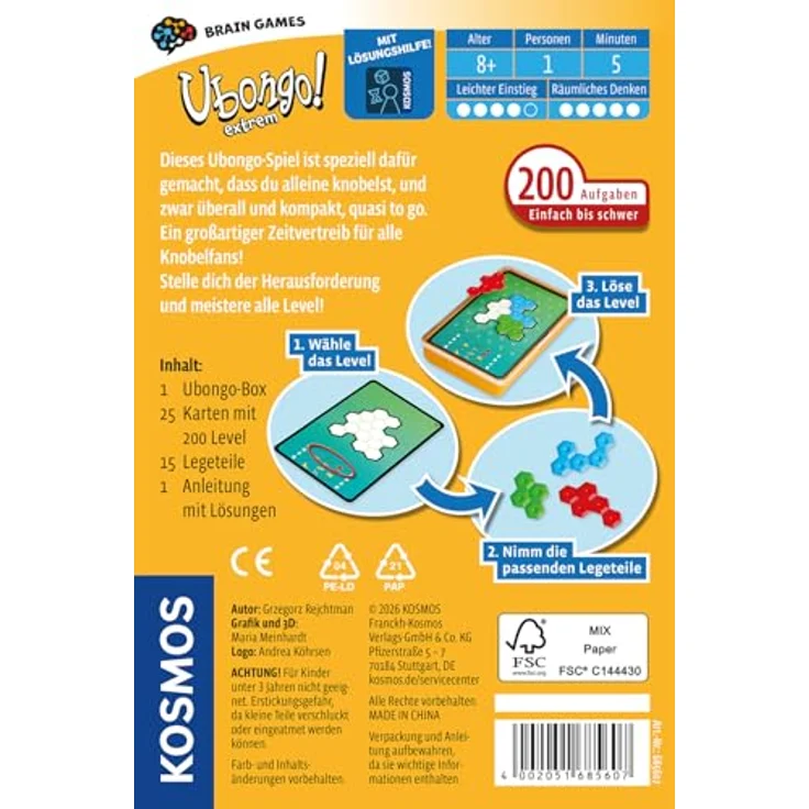 Kosmos Ubongo! Extrem Brain Games, Solo-Knobelspiel mit 200 Aufgaben und 15 Legeteilen, handliches Mitnahmeformat – Bild 2