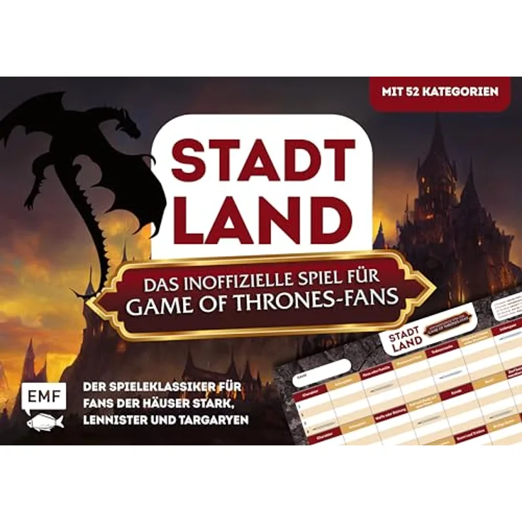 Edition Michael Fischer GmbH Stadt, Land, das inoffizielle Spiel für Game of Thrones-Fans – Der Spieleklassiker für Fans der Häuser Stark, Lannister und Targaryen: Der Stadt, Land, Fluss-Block mit 52 Kategorien