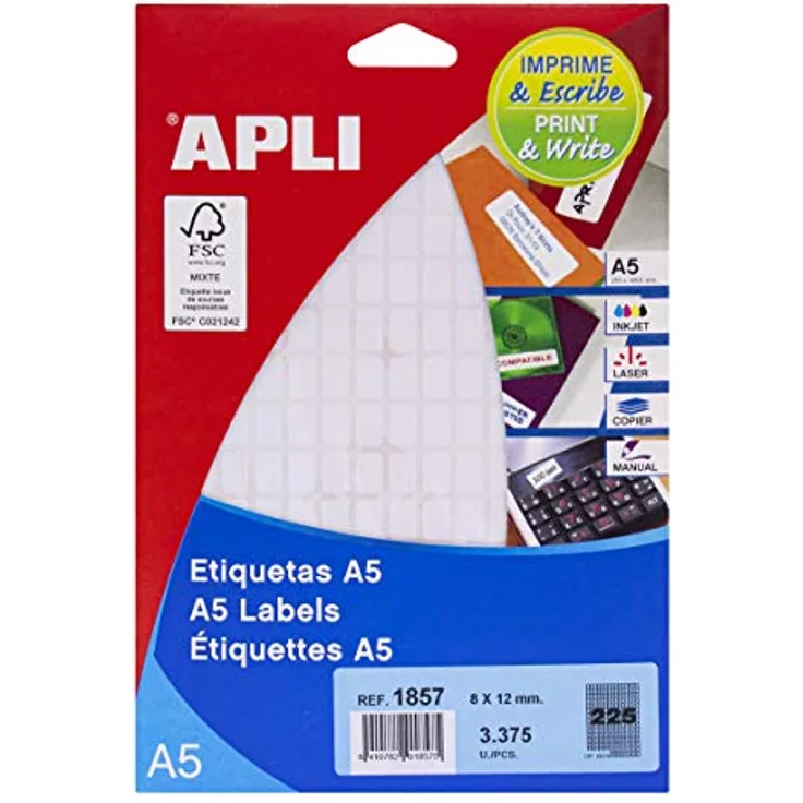 APLI 1857, Etiketten A5, weiß, 8,0 x 12,0 mm, 15 Blatt, permanent klebend, exzellente Druckqualität für Inkjet, Laser und Handbeschriftung