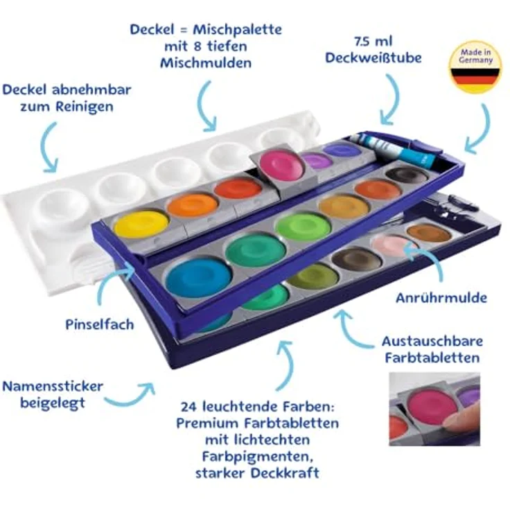 Pelikan Farbkasten K24®, 24 Qualitätsfarben und Deckweiß, abnehmbarer Deckel mit großen Mischtöpfen – Bild 4