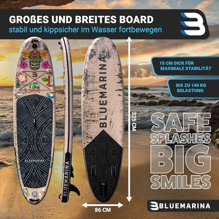 Bluemarina Stand Up Paddle Board aufblasbar | 𝟓 𝐉𝐀𝐇𝐑𝐄 𝐆𝐀𝐑𝐀𝐍𝐓𝐈𝐄 - 140 kg Tragkraft - 325x86x15 cm - Stand Up Paddling Set - Aufblasbares SUP Board - Surfbrett (Ariki Tiki 325x86x15cm) – Bild 3