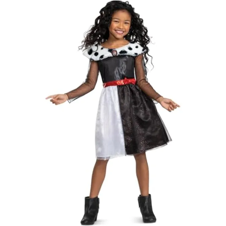 Jakks Pacific Disguise Classic Costume Cruella, lizenziertes Kinderkostüm in Schwarz-Weiß mit glitzerndem Tüllstoff und Dalmatiner-Kragen, 128 cm
