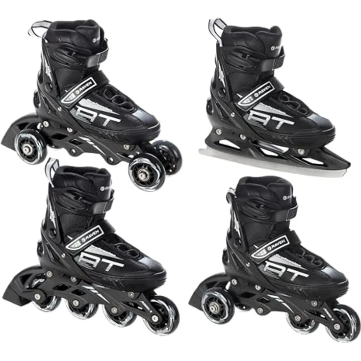 RAVEN Profession 4in1 Inlineskates Triskates Rollschuhe Schlittschuhe Inliner verstellbar, Schwarzes Modell für Kinder und Erwachsene, Größe 38-42 (25cm-27,5cm)
