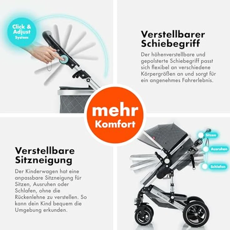 Daliya BAMBIMO 2in1 Kinderwagen & Buggy, grau mit silbernem Rahmen, Babywanne umbaubar zum Sportsitz, UV-Schutz 50+, belüftete Klimazonen, pannensichere Airless Reifen – Bild 5