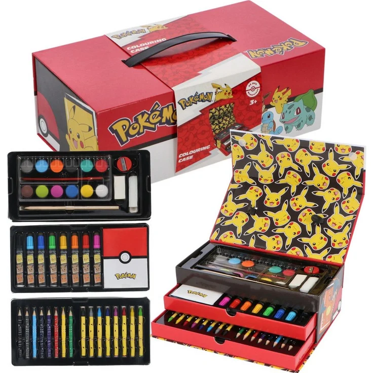 POKÉMON Farbkasten Malkoffer für Kinder, Kreativset mit Wasserfarben, Filzstiften und Buntstiften, ideal für kreative Ausflüge