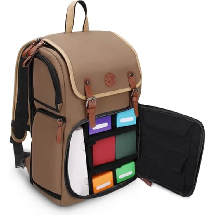ENHANCE Sammelkarten-Aufbewahrungsbox Rucksack in voller Größe, Platz für Kartenordner und TCG-Zubehör, mit Spielmattenhalter und Regenschutz, hellbraun – Bild 1