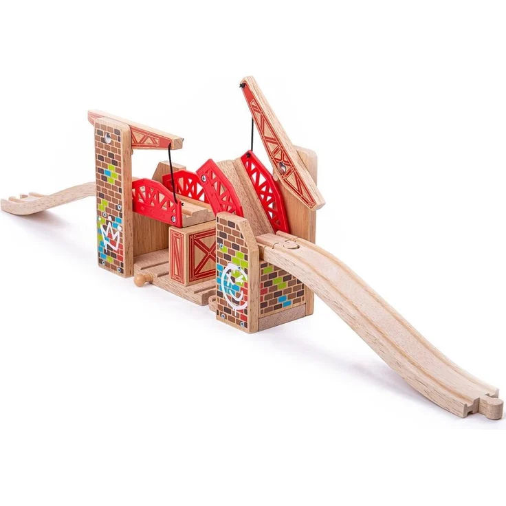 Bigjigs Holzschienen Doppelhubbrücke Graffiti, interaktive Hebebrücke für 2 Züge mit bunten Graffiti-Details