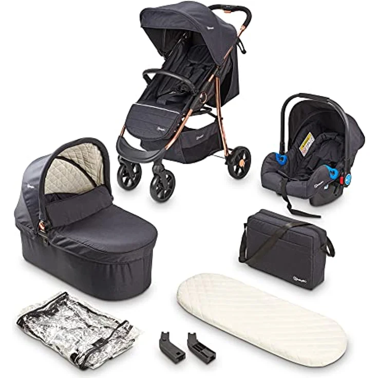 BABYGO Kinderwagen 3 in 1 Styles - Kombikinderwagen Komplettset mit Babywanne, Buggy Sportsitz und Auto-Babyschale - Wickeltasche/Regenschutz/Matratze - Schwarz/Rosegold – Bild 2