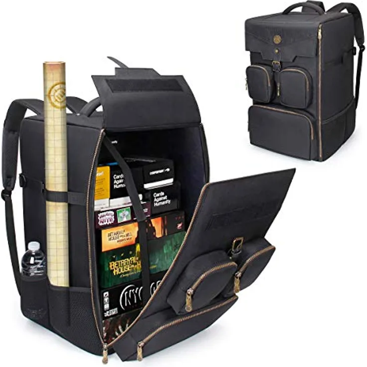 ENHANCE Brettspiele Rucksack, Verstärkte Aufbewahrung für Brettspiele mit Gepolsterten Schultergurten, Tragegriff und Zubehörtaschen für Würfel, Kartenspiele und mehr, Schwarz