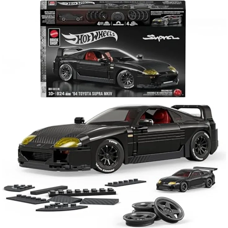 Mattel Brick Shop Hot Wheels '94 Toyota Supra MKIV Bauset, Maßstab 1:16, exklusive schwarze Lackierung, mit individuell gestaltbaren Teilen und Metallauto im Maßstab 1:64