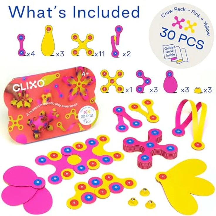 Clixo Kreativset Crew, 30-teiliges Bastelset mit flexiblen, magnetischen Formen, pink & gelb – Bild 2