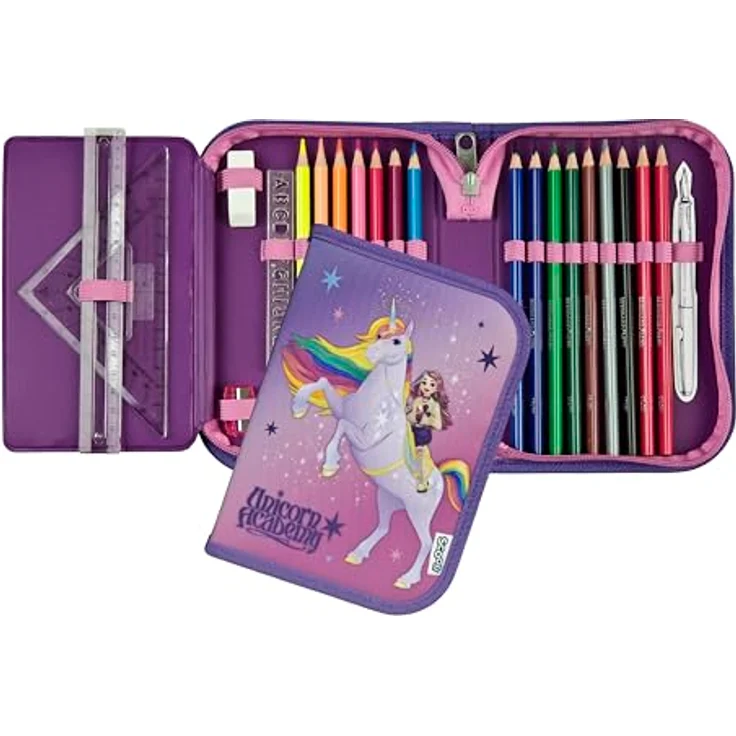 Scooli Gefülltes Schüleretui Unicorn Academy, 14 Buntstifte, 2 Bleistifte, ergonomisches Design, robustes Material, ideal für Schule und Freizeit, ab 6 Jahren – Bild 2