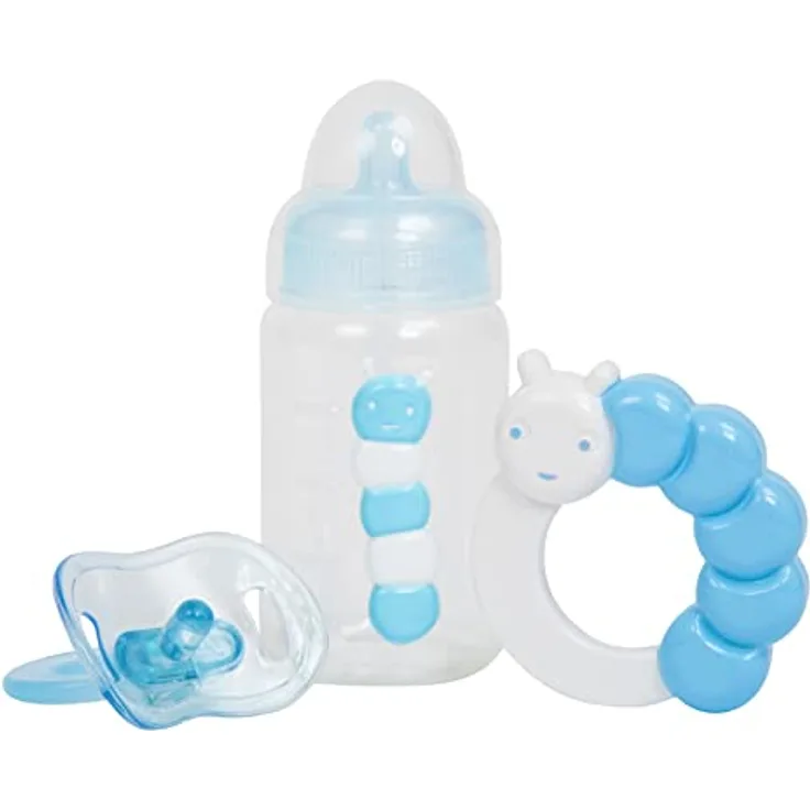 JC Toys - 3-teiliges Puppenzubehör Set (Flasche, Schnuller und Rassel), blau, passend für alle Handgelenke bis 50 cm, 2 Jahre