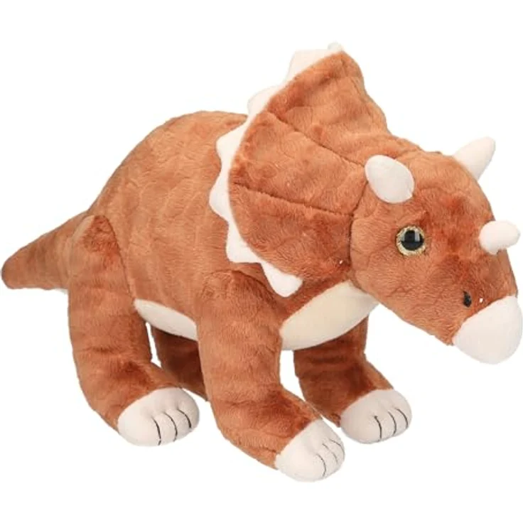 Depesche 12684 Dino World - Kuscheltier Triceratops mit braunem Fell und Glitzeraugen, ca. 36 cm groß – Bild 1