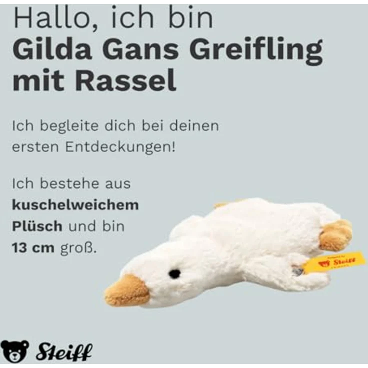 Steiff Gilda Gans Greifling mit Rassel, kuscheliges Plüschtier für Babys ab 0 Monaten, 13 cm, weiß, handgefertigt, Pflegeleicht – Bild 2