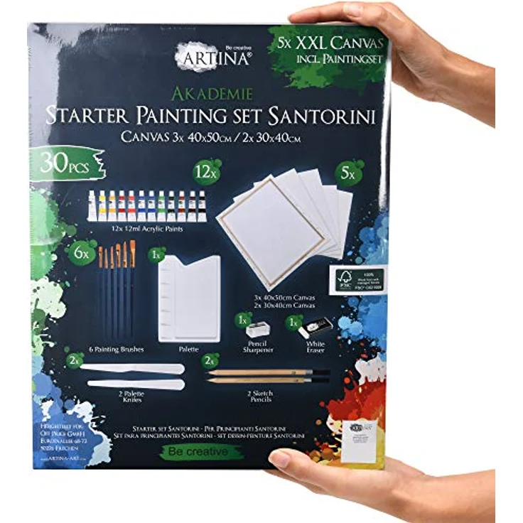Artina Santorini 30tlg Keilrahmen & Acrylfarben Set, inkl. 5 Leinwänden (40x50cm & 30x40cm), 12x 12ml Acrylfarben, Pinselset, Zubehör für Einsteiger & Hobbykünstler – Bild 3