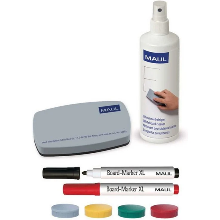 MAUL Whiteboard Zubehörset MAULpicco, 2 Boardmarker (rot, schwarz), Tafelwischer, Whiteboardreiniger, 4 Magnete