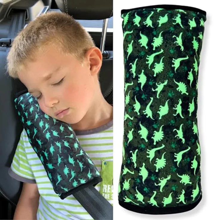 HECKBO Auto Schlafkissen Dinosaurier Dino für Kinder, maschinenwaschbar, kuschelweich, Gurtkissen und Reisekissen für mehr Komfort im Auto und unterwegs