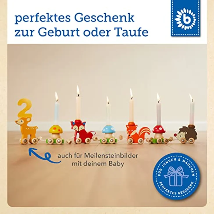 Bieco Holz Geburtstagszug Waldtiere mit Zahlen 0-9 Jahre | 17 tlg, Länge ca. 59 cm | Kerzen Geburtstagszug | Holz Eisenbahn Kinder Geburtstagszug Holz | Geburtstagskerzen Zahlen | Holz-Zug – Bild 7