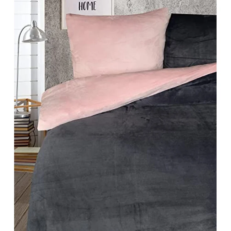 Leonado Vicenti - Warme Plüsch Bettwäsche, 2 Stück, 135x200 cm Uni Wendebettwäsche Garnitur Set mit Reißverschluss in Rosa / Anthrazit – Bild 3