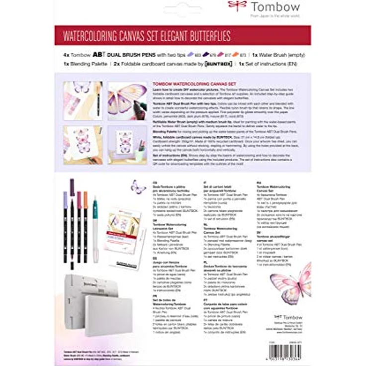 Tombow CANVAS-SET1 Watercoloring Canvas Set mit eleganten Schmetterlingen, inklusive 4 ABT Dual Brush Pens und Wassertankpinsel – Bild 2
