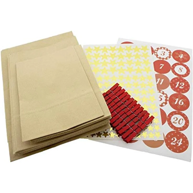Annastore DIY Adventskalender zum Befüllen 72-teilig + 134 Sterne-Sticker - Papiertüten Weihnachten - Braune Geschenktüten - Preisvergleich – Bild 5