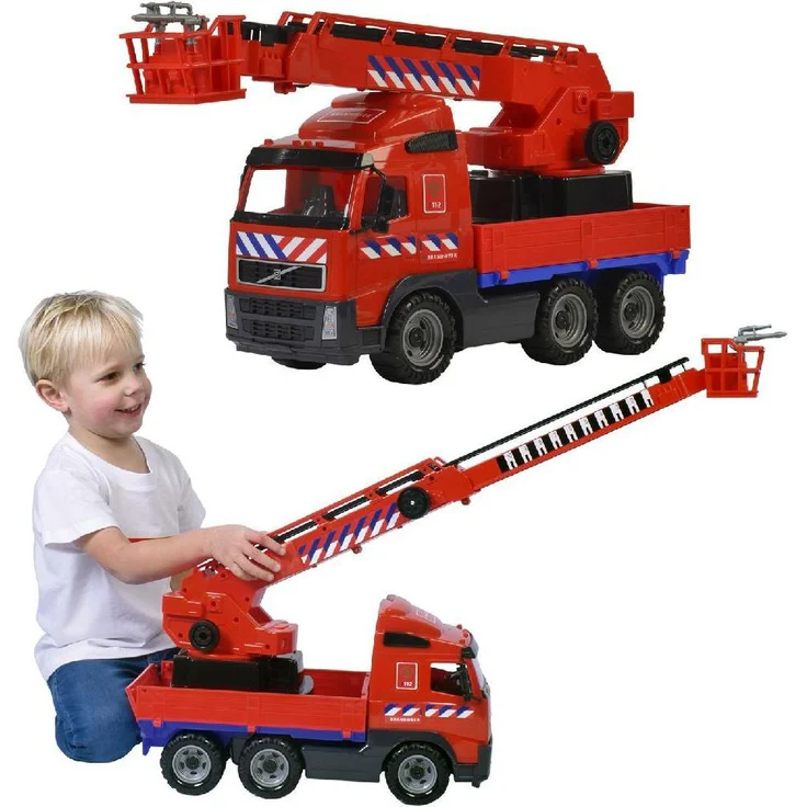 NoName Brandweer Bluswagen Volvo, 58,5 cm, mit ausfahrbarem Kran und sechs Rädern, geeignet für Kinder ab 3 Jahren