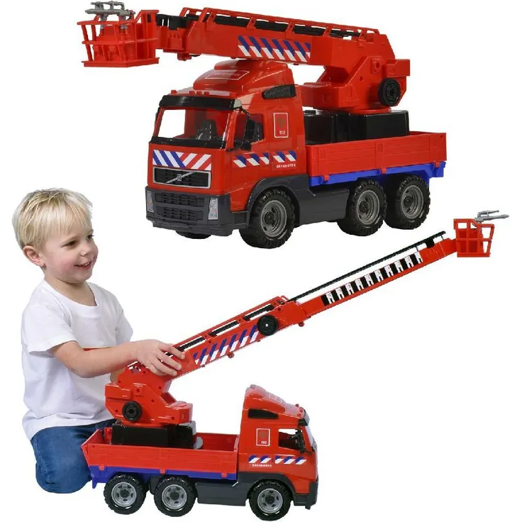 NoName Brandweer Bluswagen Volvo, 58,5 cm, mit ausfahrbarem Kran und sechs Rädern, geeignet für Kinder ab 3 Jahren