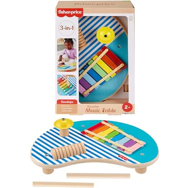 Fisher-Price® Holz-Musiktisch mit Percussion-Instrumenten, fördert Feinmotorik und Kreativität, FSC-zertifiziert – Bild 1
