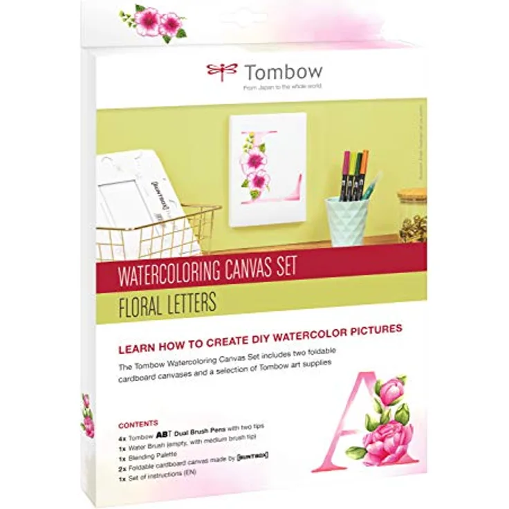 Tombow CANVAS-SET2 Watercoloring Canvas Set mit 4 ABT Dual Brush Pens und 2 Leinwänden, florale Buchstaben