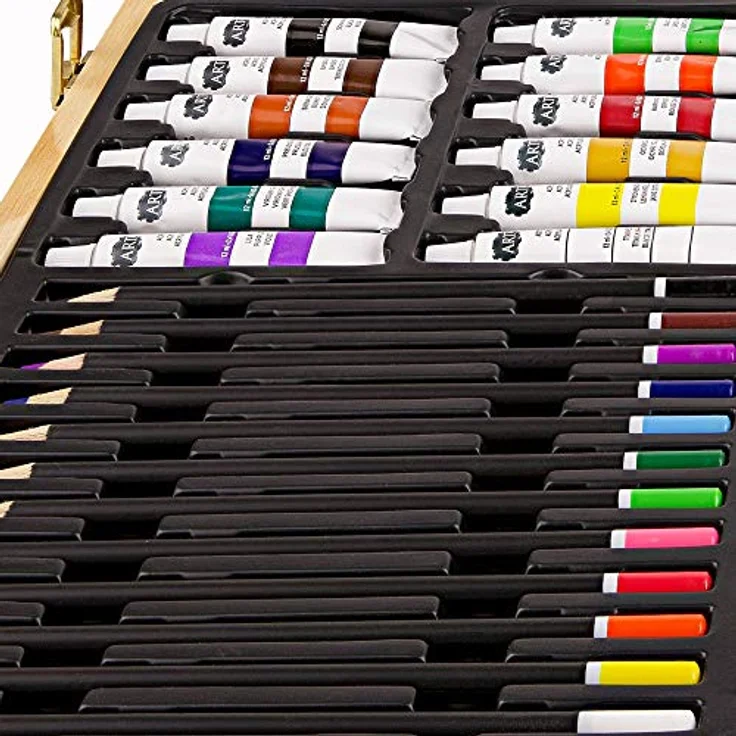 Artina Kreativset Leonardo, 45tlg. Malset mit 12 Acrylfarben, 12 Buntstiften und Gliederpuppe im Holzbox – Bild 7